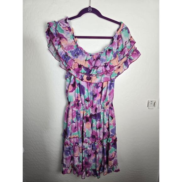 Anthropology BTFL life off the shoulder Foral Mini Dress size Large - Picture 4 of 7